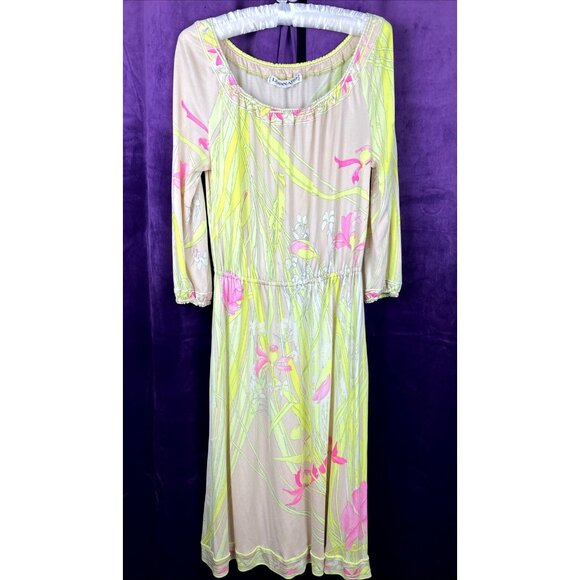 M L Vintage 70s Leonard Paris Silk Jersey Mikado Sheath Dress Neon Pink Blossoms